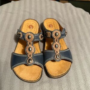 Clarks Navy and Tan Sandals with Embellishments